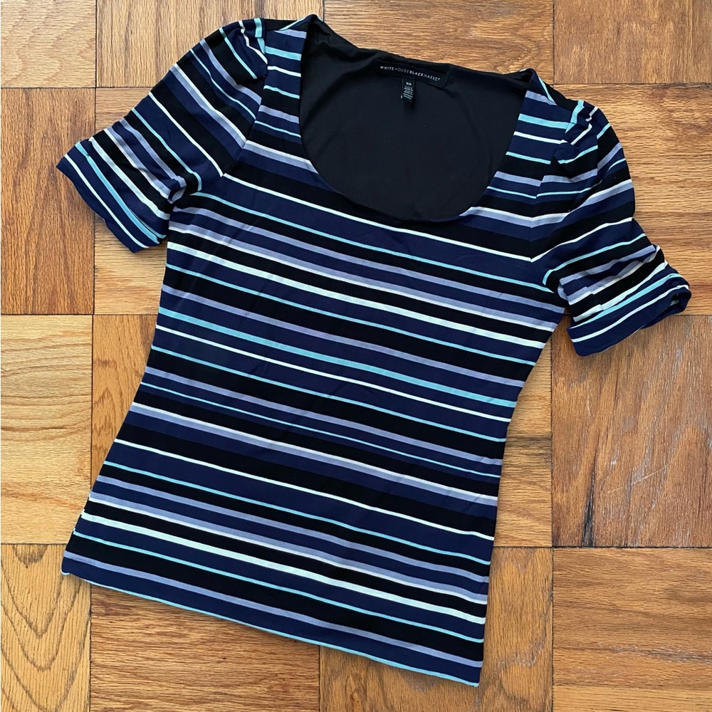 WHBM Black w/Blue & White Striped Women's Top